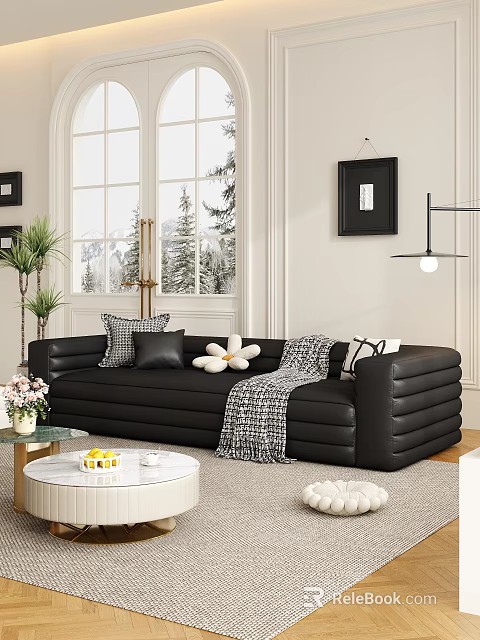 Black Sectional Sofa With Patterned Pillows Throw Blanket In Living Room Large Window Snowy View 3d model 