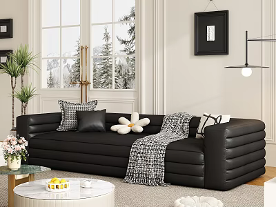 Black Sectional Sofa With Patterned Pillows Throw Blanket In Living Room Large Window Snowy View 3d model