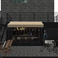Evening Cafe Exterior Featuring Brick Building Awning Bar Counter Wine Bottles And Outdoor Seating