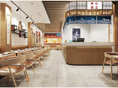 Modern Restaurant Interior Design With Wooden Dining Tables Chairs And Decorative Walls 3d model