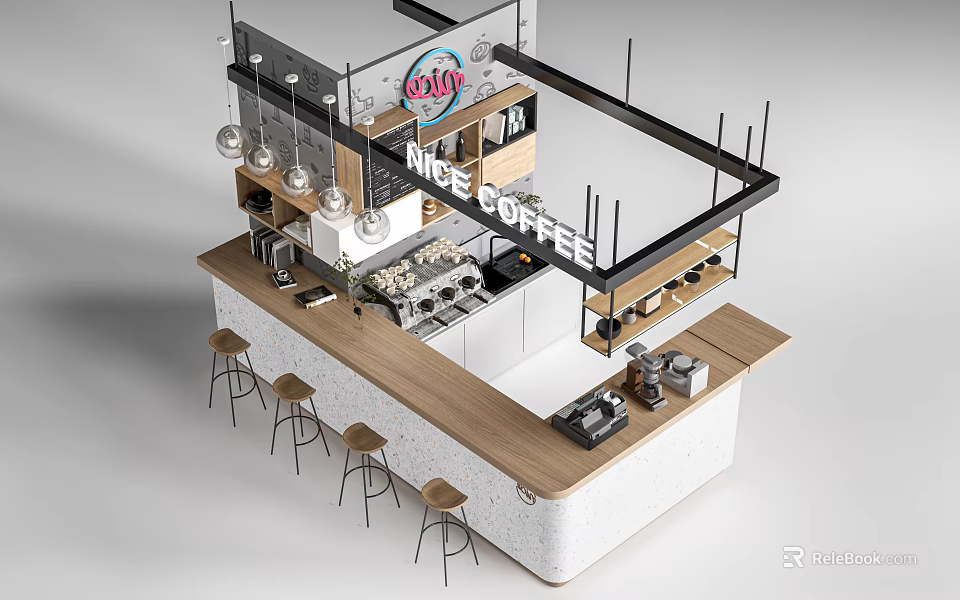 Modern Coffee Shop Bar Counter With Coffee Equipment And High Bar Stools 3d model 