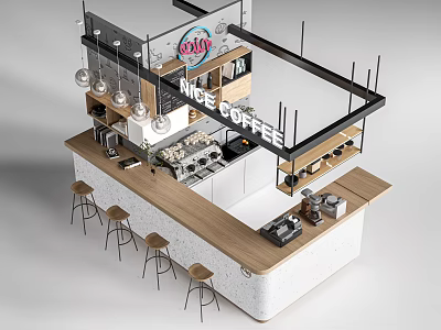 Modern Coffee Shop Bar Counter With Coffee Equipment And High Bar Stools 3d model