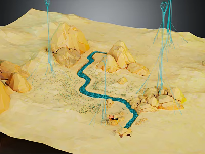 Artistic Garden Landscape Featuring Miniature Rock Formations Winding Path and Decorative Lines 3d model