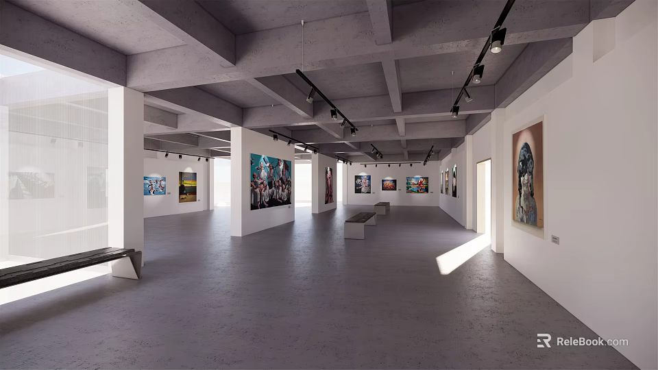Spacious Exhibition Hall With Gray Floor Exposed Concrete Ceiling And Artworks On Walls 3d model 