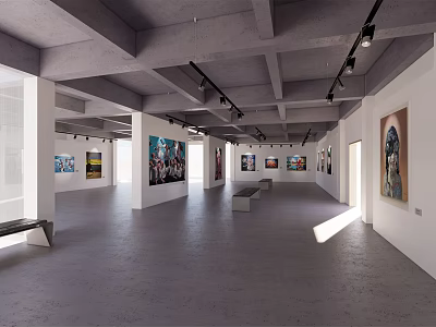 Spacious Exhibition Hall With Gray Floor Exposed Concrete Ceiling And Artworks On Walls 3d model