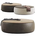 Modern Stylish Round Ottoman Poufs With Leather And Woven Fabrics Neutral Colors And Throw Blankets