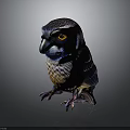 Bird Sculpture With Colorful Feathers Yellow Eyes Black Beak Sharp Claws Against Dark Background