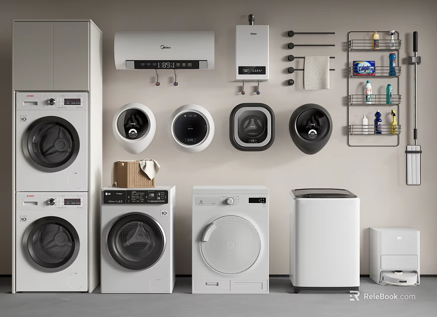 Various Types Of White Washing Machines With Wall Mounted Appliances And Laundry Accessories 3d model 