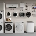 Various Types Of White Washing Machines With Wall Mounted Appliances And Laundry Accessories