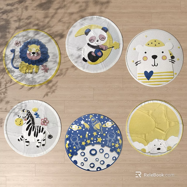 Round Area Rugs With Cute Animal Patterns And Vibrant Colors For Kids Room Decor 3d model 