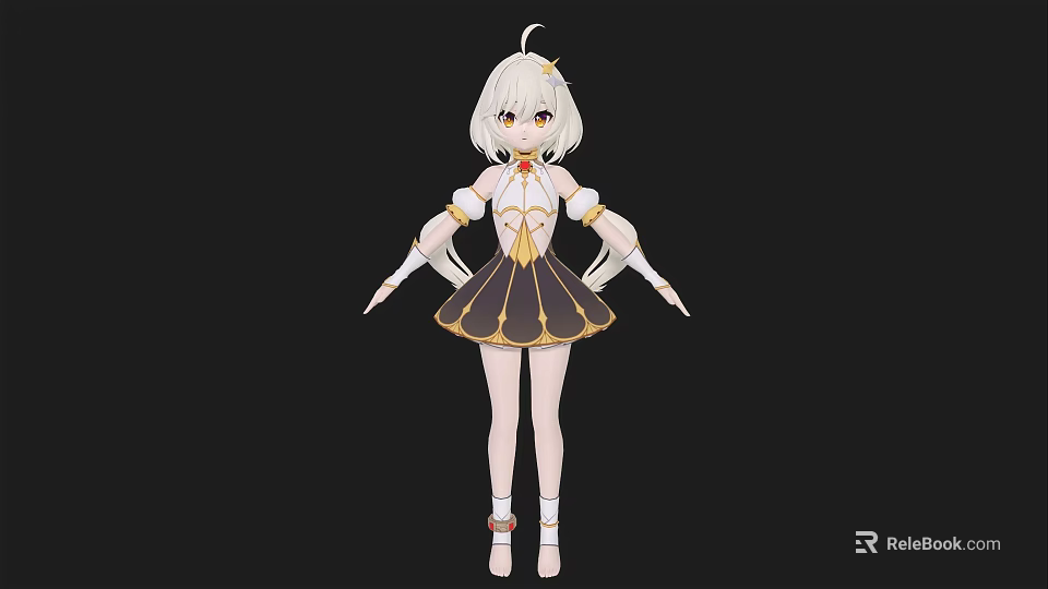 Anime Style Woman With White Hair Black And Gold Dress White Gloves And Socks 3d model 