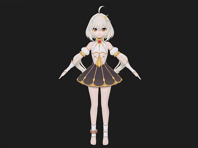 Anime Style Woman With White Hair Black And Gold Dress White Gloves And Socks 3d model