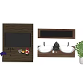 Modern Bathroom Vanity With Double Sinks Wooden Countertop Mirror And Potted Plant