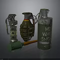 Collection of Military Weapons Featuring Grenade Smoke Bomb and Tactical Hammer