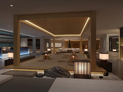 Japanese Style SPA Sauna Interior Featuring Wooden Structure Tatami Mats Stone Lanterns And Fireplace 3d model