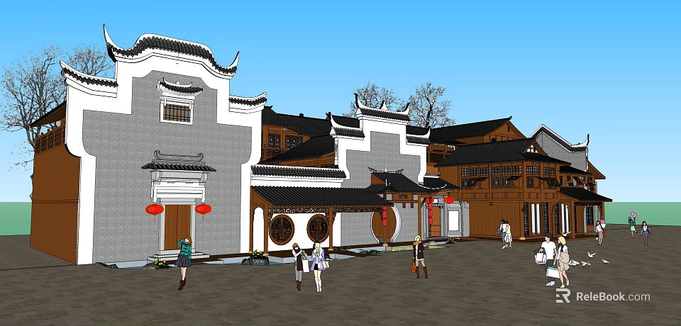 Traditional Ancient Chinese Architecture With Overhanging Eaves Gray Walls Red Lanterns And People In Square 3d model 