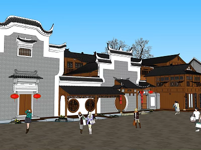 Traditional Ancient Chinese Architecture With Overhanging Eaves Gray Walls Red Lanterns And People In Square 3d model