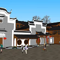 Traditional Ancient Chinese Architecture With Overhanging Eaves Gray Walls Red Lanterns And People In Square