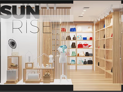 Sun Rise Fashion Store With Wooden Shelves Window Display Mannequin And Bags 3d model