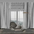 White Curtains with Green Pom Pom Trim and Modern Chair by Window with Floor Lamp