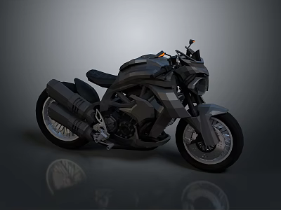 Modern Black Motorcycle With Sleek Body Exhaust Pipes And Reflective Wheels On Gray Background 3d model