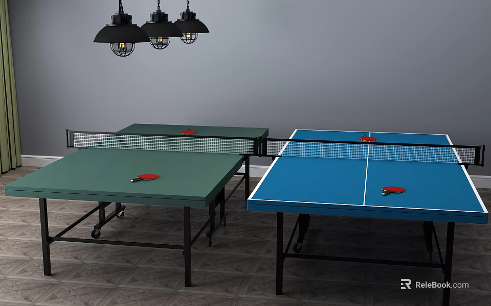 Indoor Sports Equipment Green and Blue Ping Pong Tables with Paddles Balls Nets and Hanging Lights on Tile Floor 3d model 