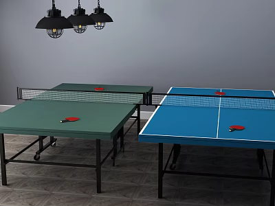 Indoor Sports Equipment Green and Blue Ping Pong Tables with Paddles Balls Nets and Hanging Lights on Tile Floor 3d model