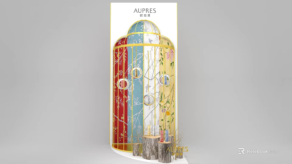 Colorful Window Display Design With Gold Frame Circular Decorations And Tree Branches 3d model