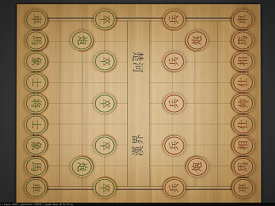 Traditional Chinese Chess Board Game With Red Green Pieces On Wooden Chessboard For Strategy Entertainment 3d model