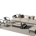 Beige Sofa And Coffee Table Set With Throw Pillows Accent Chairs And Area Rug 3d model