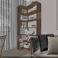 Modern Living Room With Wooden Bookshelf Storage Display Decorative Items Sofa Rocking Chair And Artwork