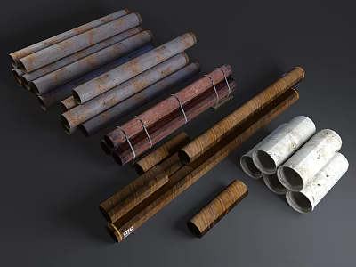 Various Types of Pipes Including Rusted Metal Red Brown and White Tubes 3d model