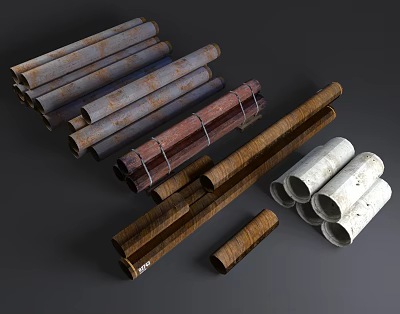 Various Types of Pipes Including Rusted Metal Red Brown and White Tubes 3d model