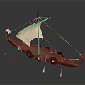 Traditional Wooden Boat With White Sail Prow Decoration Oars And Round Elements On Dark Background