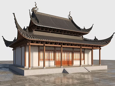 Ancient Traditional Chinese Building With Curved Eaves Black Tiled Roof White Walls And Stone Steps 3d model