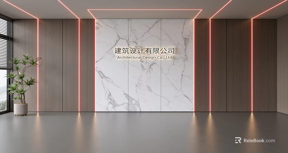 Modern Marble Background Wall with Wooden Side Panels and LED Strip Lighting Design 3d model 