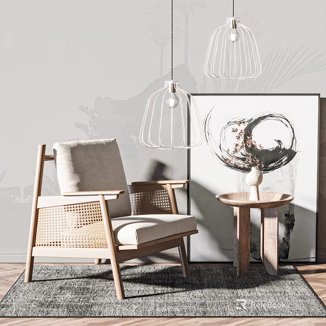 Rattan Armchair With Light Gray Cushion And Wooden Side Table Near Abstract Wall Art 3d model 