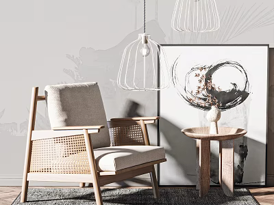 Rattan Armchair With Light Gray Cushion And Wooden Side Table Near Abstract Wall Art 3d model