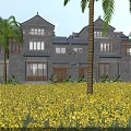 Chinese Style Semi Detached Villa With Gray Tiles Palm Trees And Yellow Flower Field
