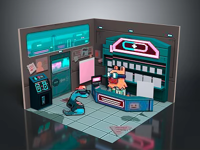 Cartoon Scene Featuring Futuristic Counter Neon Sign Screens Control Panels And Characters 3d model