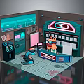 Cartoon Scene Featuring Futuristic Counter Neon Sign Screens Control Panels And Characters