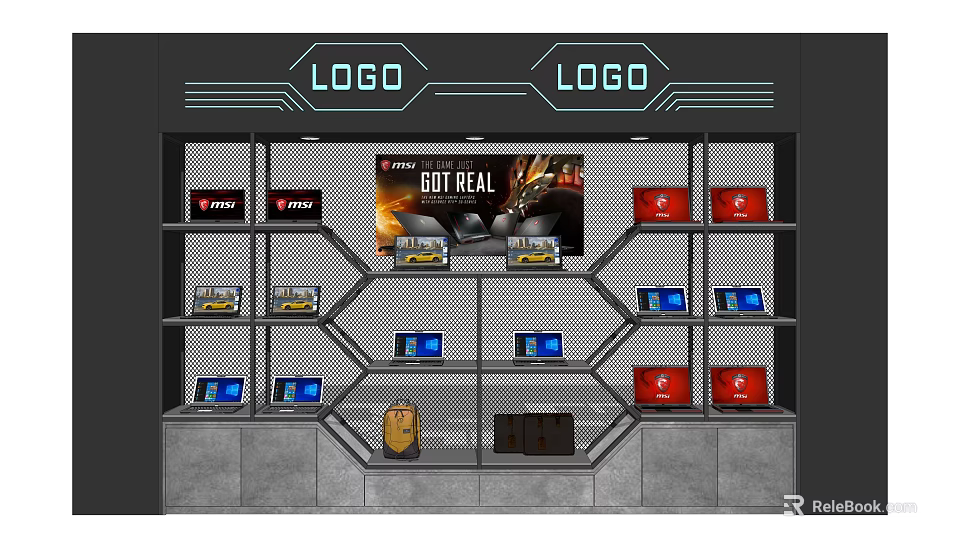 Modern Display Shelving Unit with Layers Displaying Electronics Red Blue Boxes Top LOGO and Poster 3d model 
