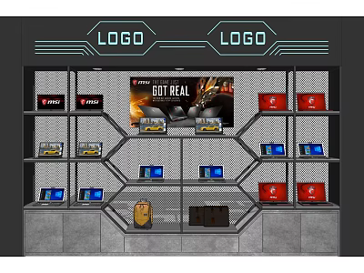 Modern Display Shelving Unit with Layers Displaying Electronics Red Blue Boxes Top LOGO and Poster 3d model