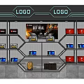 Modern Display Shelving Unit with Layers Displaying Electronics Red Blue Boxes Top LOGO and Poster
