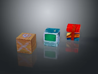 Red Blue And Wooden Storage Boxes For Household Organization And Decoration 3d model