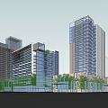 Modern High Rise Office Building Exterior Design With Glass Curtain Wall And Greenery