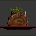 Decorated Wooden Log Cake With Green Leaves On White Plate And Lace Doily