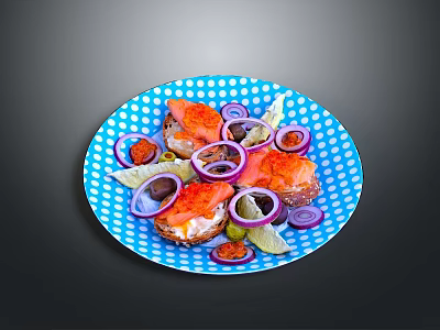 Fresh Salmon Slices with Red Onion Rings and Lemon Slices on Blue Polka Dot Plate 3d model
