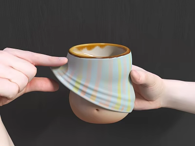 Unique Striped Cup With Blue Yellow Stripes Brown Rim Held By Hands Round Spherical Base 3d model