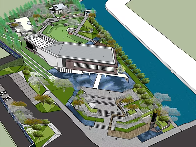 Modern Sales Office Building With Curved Roof Riverside Water Features And Greenery 3d model